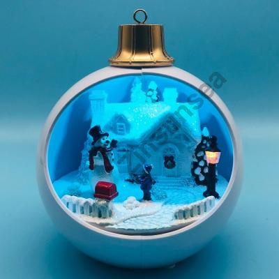 LED-Weihnachtsdorf mit Schneemann, der sich in weißem Ball bewegt